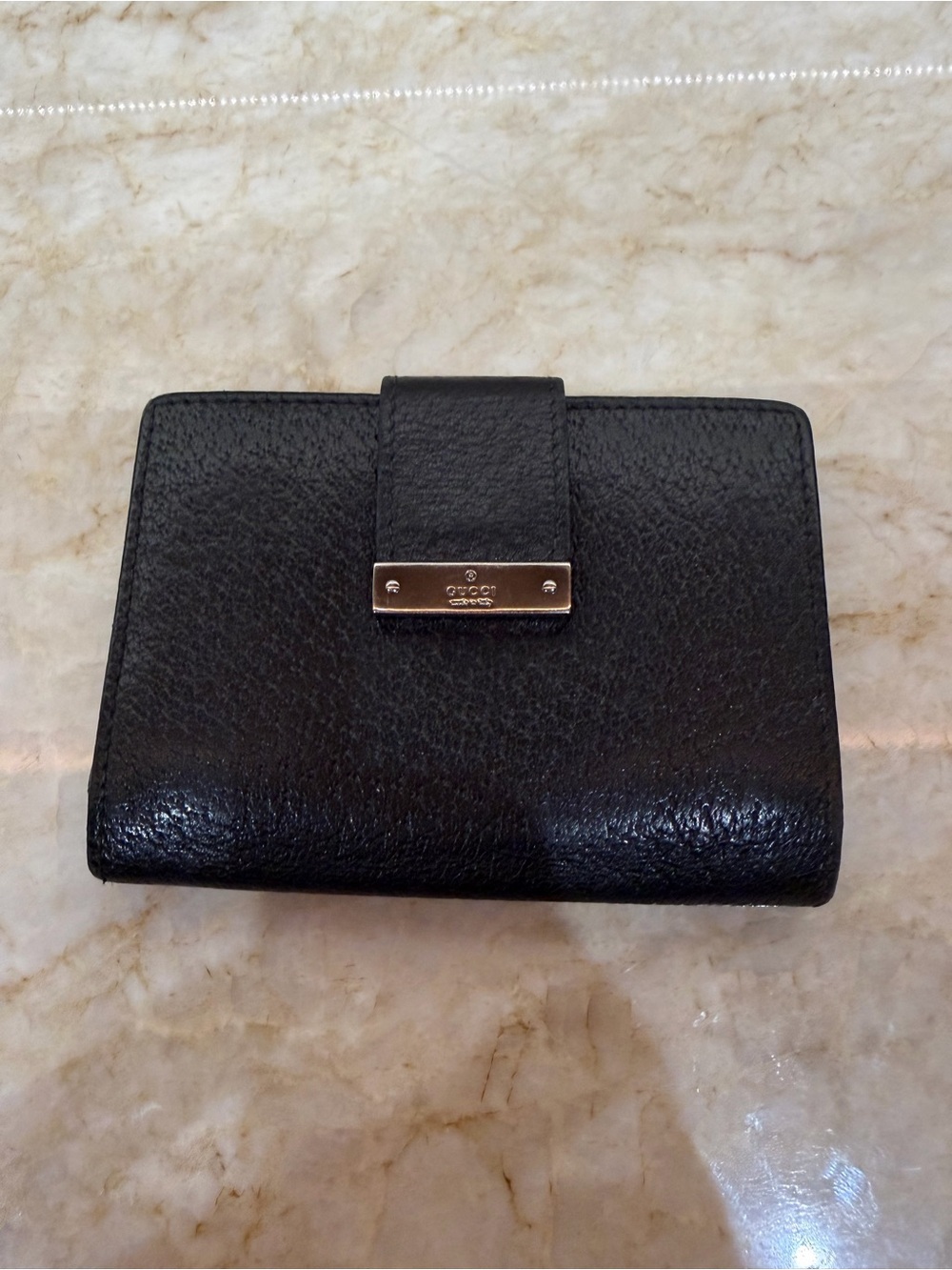 Gucci Black Pebbled Leather Snap Wallet with Metal Logo Plate